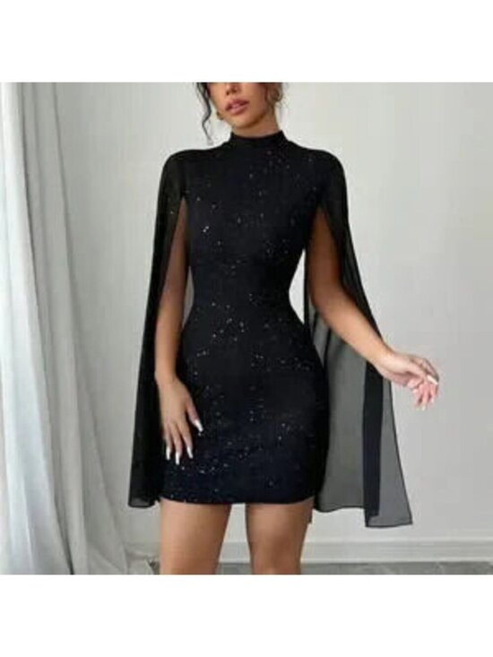 Dresses & Skirts - Black Party Women's Glitter Print Stand Collar Lantern Sleeve Bodycon Dress